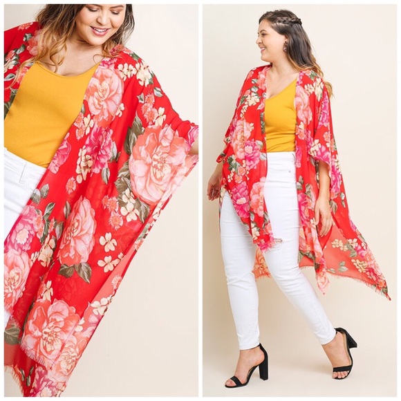Umgee Sweaters - Sheer Floral Print Open Front Raw Edge Kimono